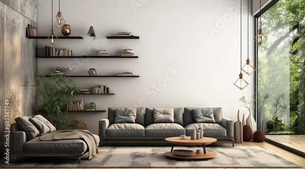 Obraz Modern interior design of apartment Cozy living room with gray sofa, coffee tables, bookshelf and armchairs Scandinavian home 3d rendering