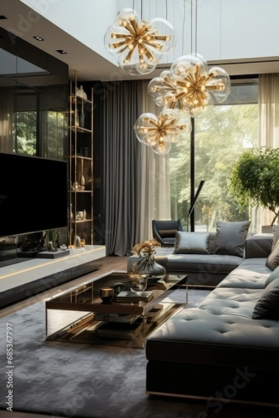 Obraz Modern interior design of apartment Cozy living room with gray sofa, and armchairs Scandinavian home 3d rendering