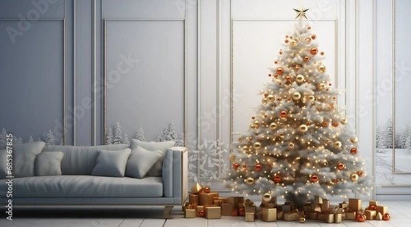 Obraz Interior with christmas tree 3d rendering