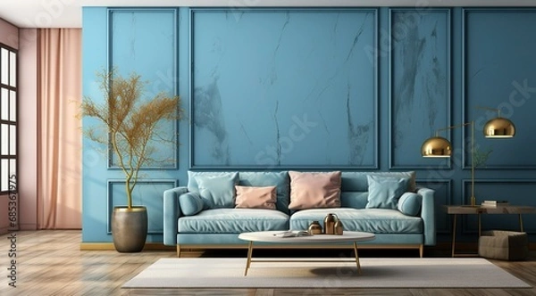 Obraz Interior of living room with blue sofa 3d rendering