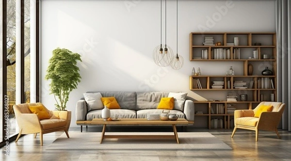 Obraz Modern interior design of apartment Cozy living room with gray sofa, coffee tables, bookshelf and armchairs Scandinavian home 3d renderin