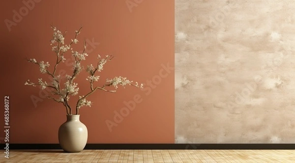 Obraz Interior background of room with brown stucco wall and vase with branch 3d rendering