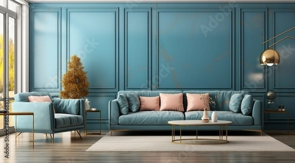 Obraz Interior of living room with blue sofa 3d rendering
