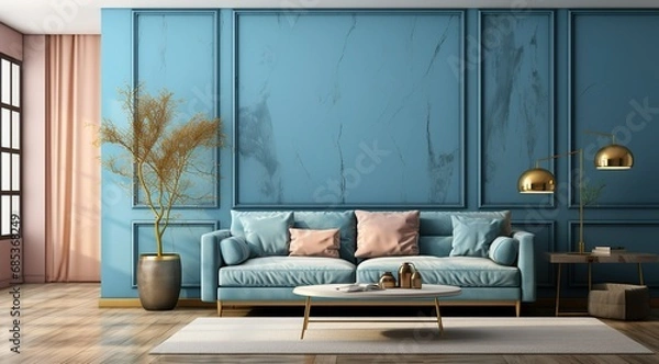 Obraz Interior of living room with blue sofa 3d rendering