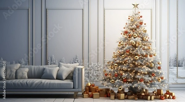 Obraz Interior with christmas tree 3d rendering