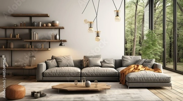 Obraz Modern interior design of apartment Cozy living room with gray sofa, coffee tables, bookshelf and armchairs Scandinavian home 3d renderin