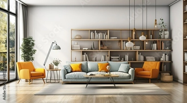 Obraz Modern interior design of apartment Cozy living room with gray sofa, coffee tables, bookshelf and armchairs Scandinavian home 3d renderin