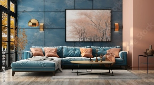 Obraz Interior of living room with blue sofa 3d rendering
