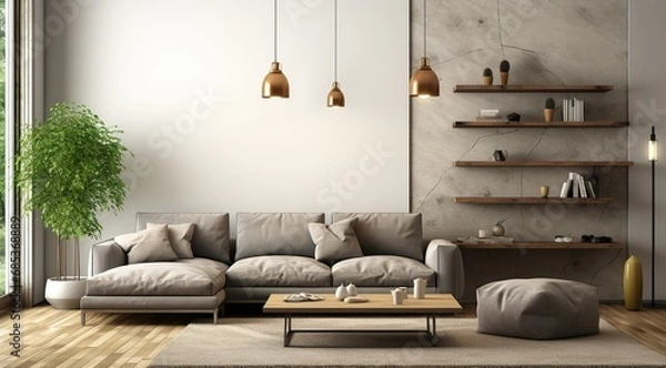 Obraz Modern interior design of apartment Cozy living room with gray sofa, coffee tables, bookshelf and armchairs Scandinavian home 3d renderin