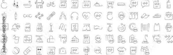 Fototapeta Gym exercise hand drawn icons set, including icons such as Dumbbell, Cloth, Calendar, Bicycle, Analytics, and more. pencil sketch vector icon collection