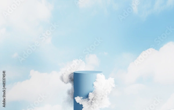 Fototapeta 3D display podium blue background. White cloud with pedestal in the sky for beauty, cosmetic product presentation. 3d render, dreamy mockup. Natural, realistic cloudscape. Heaven concept