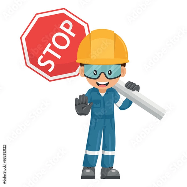 Obraz Industrial mechanic worker with stop sign. Engineer with his personal protective equipment. Safety first. Industrial safety and occupational health at work