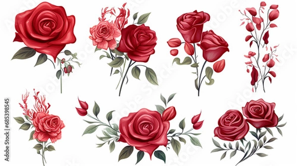 Obraz Red floral bouquet. Burgundy rose flower vintage rose floral watercolor