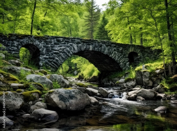 Fototapeta Water stream with large stones under an old bridge in a Norwegian forest.

