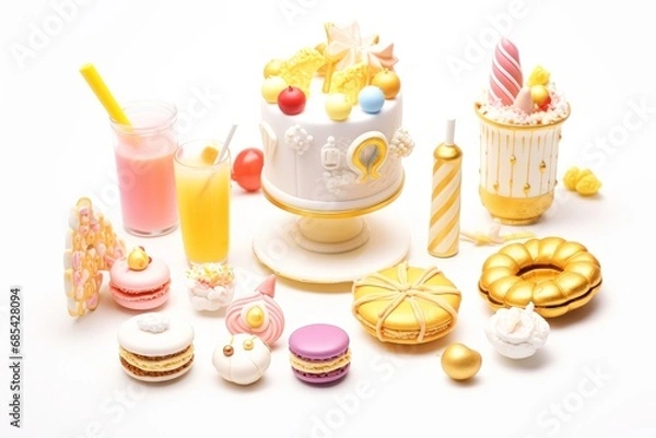 Fototapeta Cute birthday gold cake, sweet food