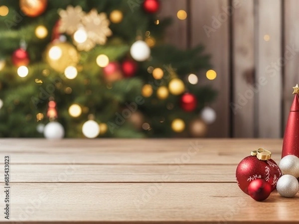 Fototapeta Empty wooden table with christmas theme in background