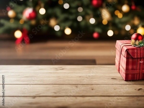 Fototapeta Empty wooden table with christmas theme in background