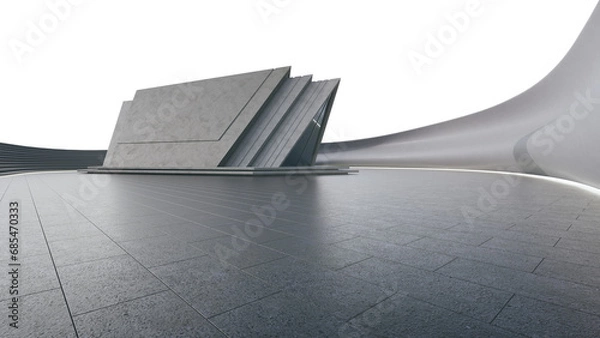 Fototapeta Abstract architecture design of modern building. Empty parking area concrete floor with blue sky. 3D rendering background image for car scene.