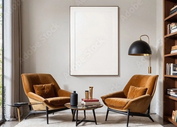 Fototapeta cozy and stylish living room with orange armchairs, round coffee table, curved lamp, and gray wall