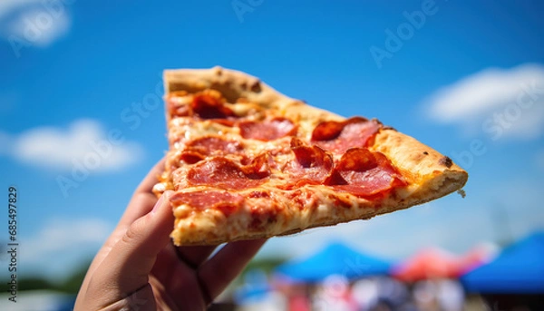 Fototapeta Slice of pizza held in front of the camera against a blue sky and blurred background