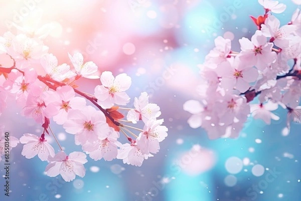 Fototapeta Cherry Blossom Tree with Soft Pink Rays - Delicate Bokeh Minimalist Background