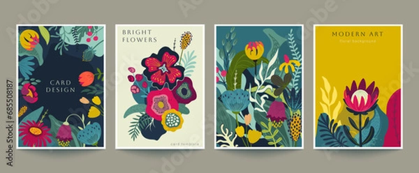 Fototapeta Set of four vector pre-made cards in modern style with nature motifs, flowers and leaves. Templates for your design.