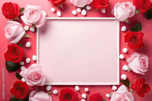 Fototapeta Pink Valentine's Day background with a white line frame in the middle and red roses around it
