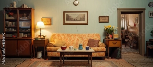 Fototapeta Typical Soviet style apartment with vintage furnishing and retro living room design copy space image