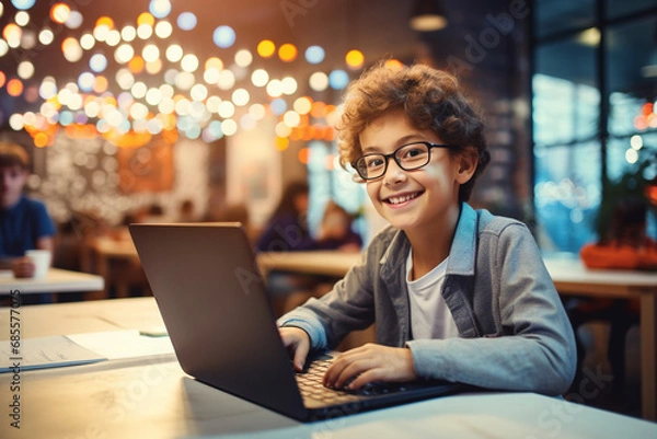 Fototapeta Coding Whiz Kid: A Young Mind Nurturing Innovation in a Classroom Setting