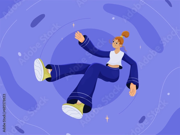 Obraz Women floating in space.  A woman floating in space, dreaming, flying in outer space, the universe. Relaxation and mind exploration concept. Vector illustration in flat cartoon style.
