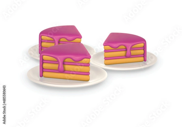 Fototapeta 3d piece of cake on plate in cartoon style on white background. Vector illustration