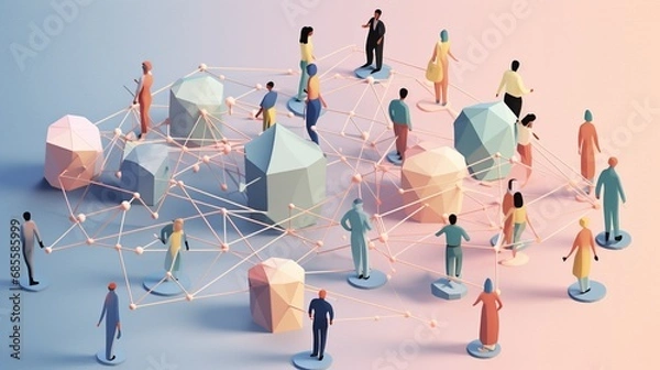 Fototapeta An interconnected web of diverse IT professionals collaborating on a shared project, with each individual contributing their unique expertise, surrounded. 3D Illustration, banner