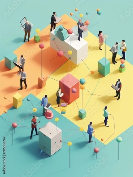 Obraz An interconnected web of diverse IT professionals collaborating on a shared project, with each individual contributing their unique expertise, surrounded. 3D Illustration