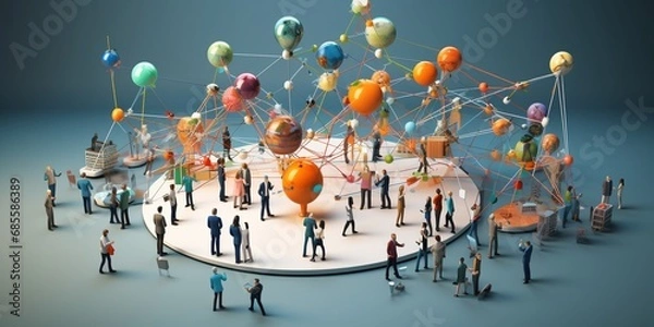 Fototapeta An interconnected web of diverse IT professionals collaborating on a shared project, with each individual contributing their unique expertise, surrounded. 3D Illustration, banner