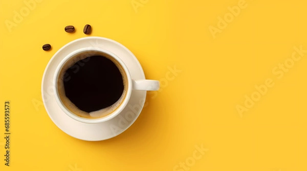 Fototapeta Top view of coffee cup on yellow background,PPT background