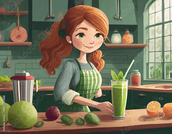 Obraz Woman making a smoothie in her kitchen, home lifestyle and wellbeing