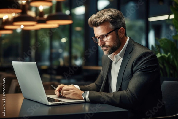 Fototapeta Photo of an adult businessman looking at a laptop in a cafe