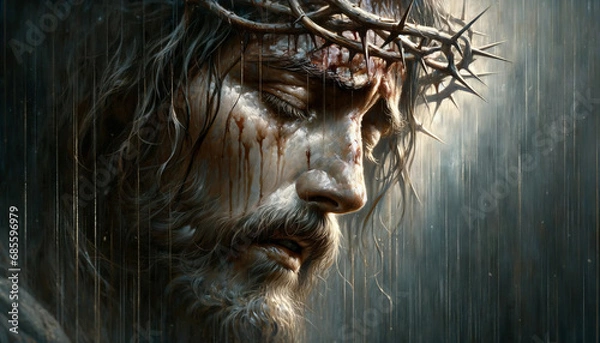 Obraz Divine Suffering: The Face of Jesus Christ in the Agony of the Cross at his Passion and Crucifixion.