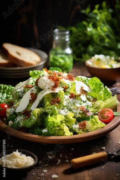 Obraz Ceaser Salad surrounded by its ingredients on wooden table .