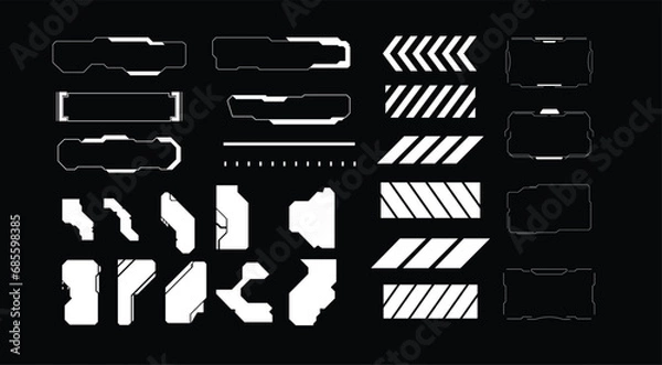 Fototapeta Cyberpunk decals set. Set of vector stickers and labels in futuristic style. Inscriptions and symbols, Japanese hieroglyphs for danger, attention, AI controlled, high voltage, warning.