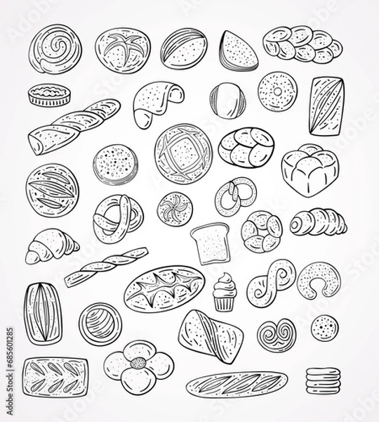 Obraz Set hand-drawn bakery images. Pastry, bread, dessert doodle icons.