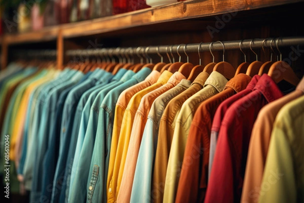 Fototapeta A colorful array of shirts hanging on a store rack. Suitable for fashion retail, clothing store promotions, seasonal sales, and vibrant apparel advertisements.