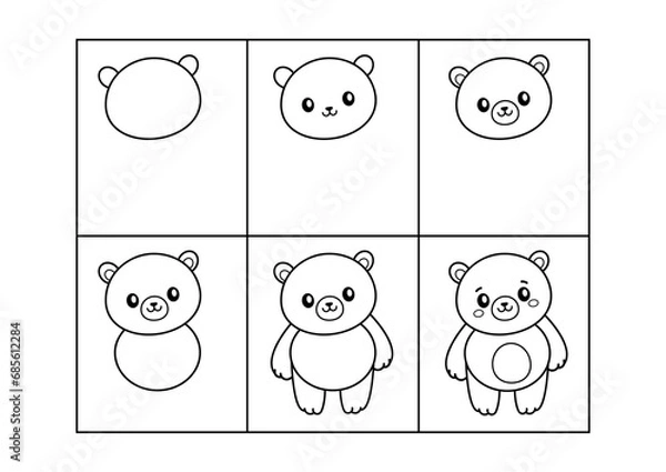 Obraz Bear. Step by step drawing. Coloring page, coloring book page. Black and white vector illustration.