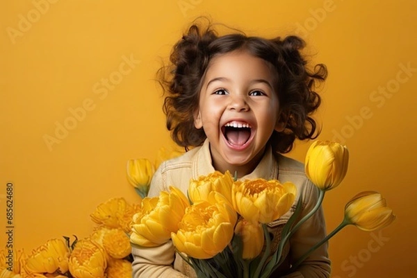 Fototapeta Cheerful little girl in sweatshirt with bouquet of yellow tulips over yellow background. Happy smiling small girl posing in studio. March 8, mother's day, banner, space for text.