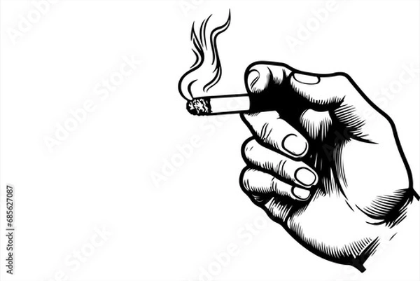 Fototapeta sketch hand holding cigarette with black line vector illustration on isolated in white background