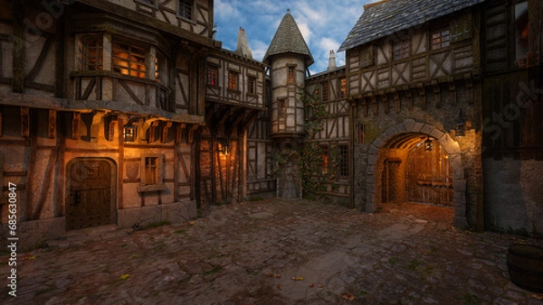 Fototapeta Fantasy medieval town courtyard with cobblestone street, lit by lanterns at dusk. 3D rendering.