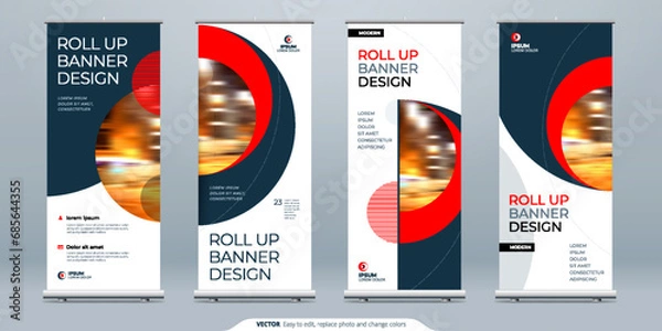 Fototapeta Roll Up banner stand presentation concept. Corporate business roll up template background. Vertical template billboard, banner stand or flag design layout. Poster for conference, forum, shop