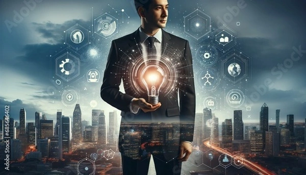 Fototapeta Innovative business leader harnesses technology and analytics, standing before a cityscape, embodying strategic thinking and tech-driven solutions.