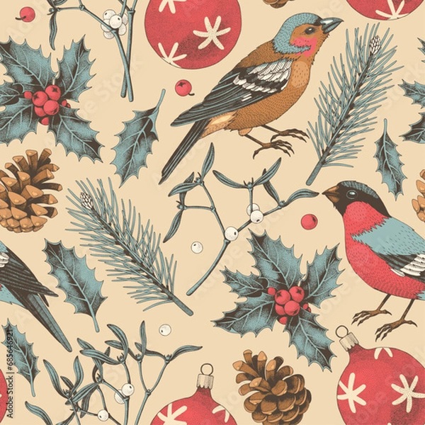 Fototapeta Vector seamless pattern with hand drawn birds