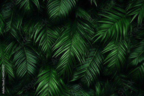 Fototapeta Serene and vibrant lush green tropical forest leaves as a background in low light style